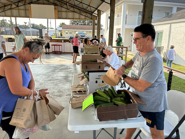 Woman with many bags buys zucchini at Farmers Market