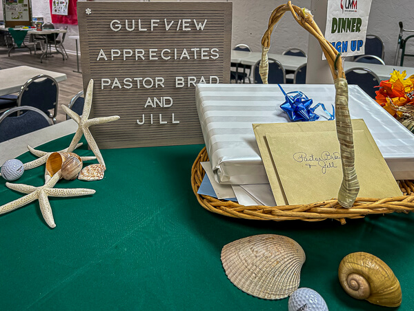 Sign and basket of gifts for Pastor Appreciation Day 2024