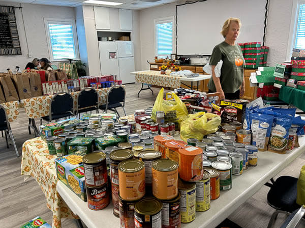 Canned foods on several tables
