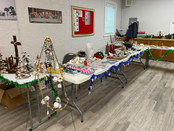 Samples of crafts for sale in the fellowship hall