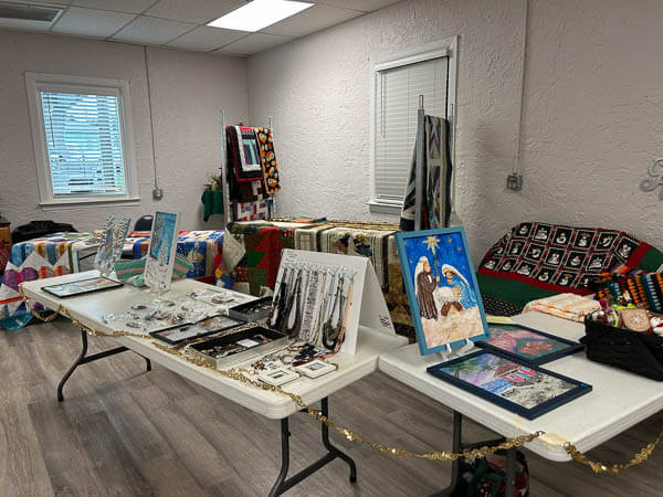 Samples of crafts for sale in the fellowship hall